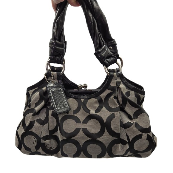 Coach Parker Carry All Kiss Lock Black‎ Op Art Signature Logo Canvas Hobo - Picture 1 of 10